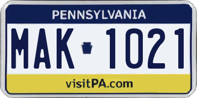 PA license plate MAK1021