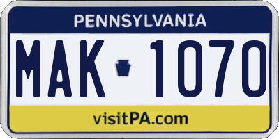 PA license plate MAK1070