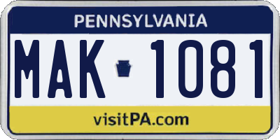 PA license plate MAK1081