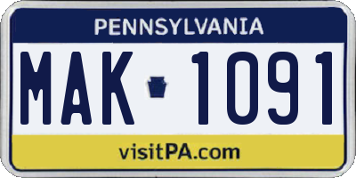 PA license plate MAK1091
