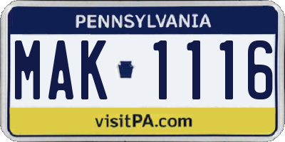 PA license plate MAK1116
