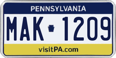 PA license plate MAK1209