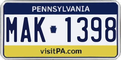 PA license plate MAK1398