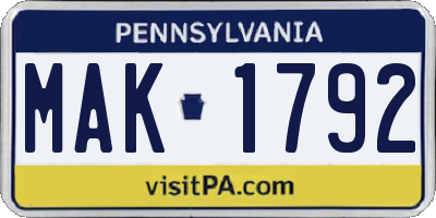 PA license plate MAK1792