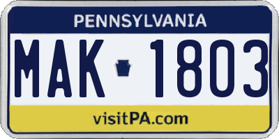 PA license plate MAK1803