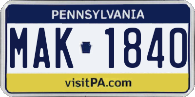 PA license plate MAK1840