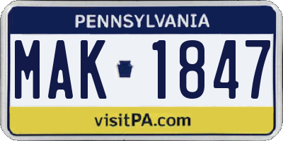 PA license plate MAK1847