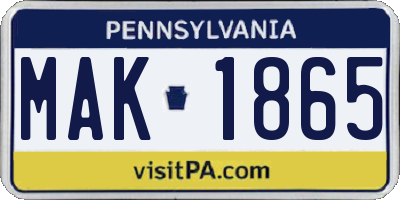 PA license plate MAK1865