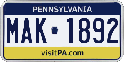 PA license plate MAK1892