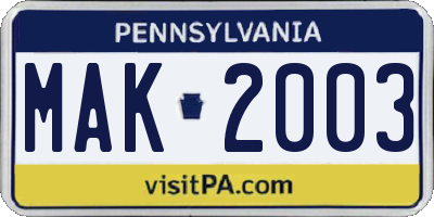 PA license plate MAK2003