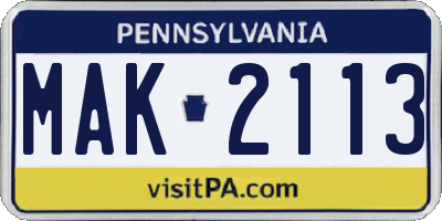 PA license plate MAK2113