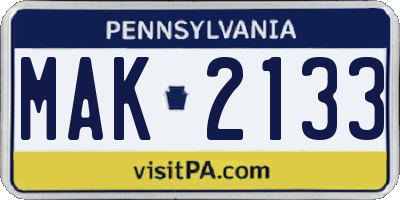 PA license plate MAK2133