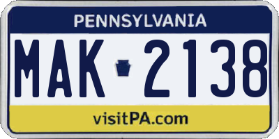 PA license plate MAK2138