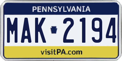 PA license plate MAK2194