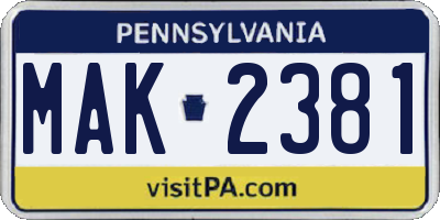 PA license plate MAK2381