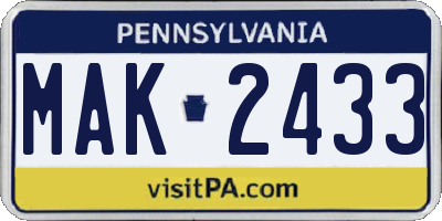 PA license plate MAK2433