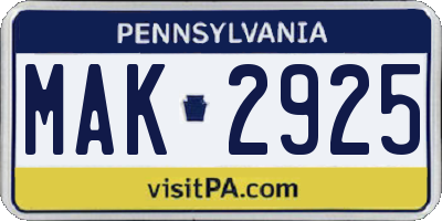 PA license plate MAK2925