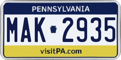 PA license plate MAK2935