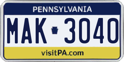 PA license plate MAK3040