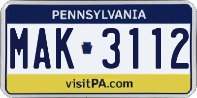 PA license plate MAK3112