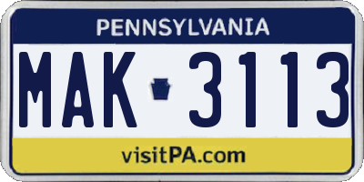 PA license plate MAK3113