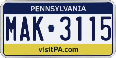 PA license plate MAK3115