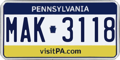 PA license plate MAK3118