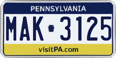 PA license plate MAK3125
