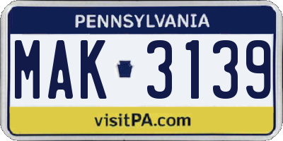 PA license plate MAK3139