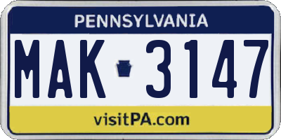 PA license plate MAK3147