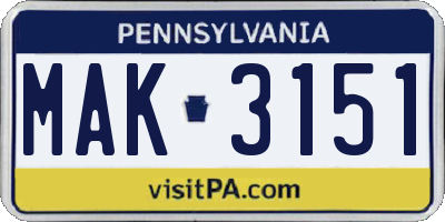 PA license plate MAK3151
