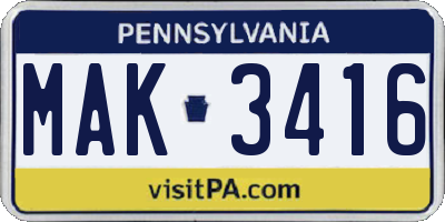 PA license plate MAK3416