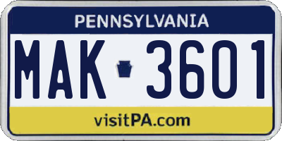 PA license plate MAK3601