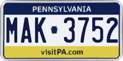 PA license plate MAK3752