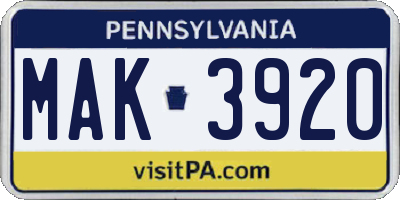 PA license plate MAK3920