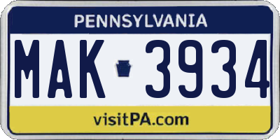 PA license plate MAK3934