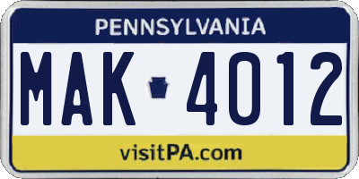 PA license plate MAK4012