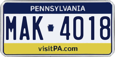 PA license plate MAK4018