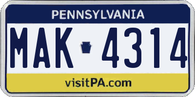 PA license plate MAK4314