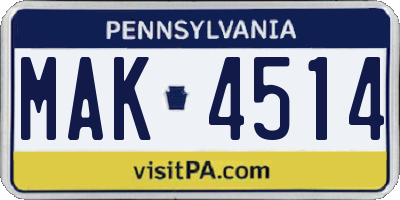 PA license plate MAK4514