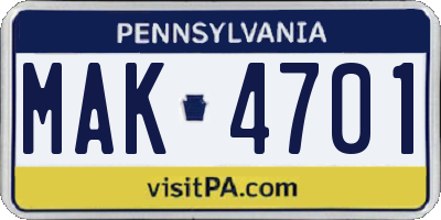PA license plate MAK4701