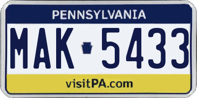 PA license plate MAK5433