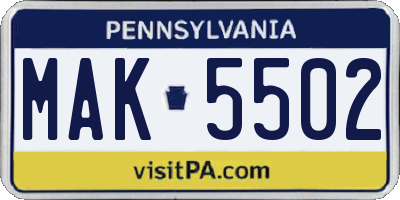 PA license plate MAK5502