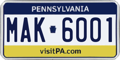 PA license plate MAK6001