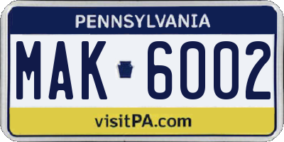 PA license plate MAK6002