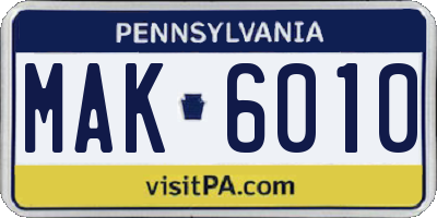 PA license plate MAK6010