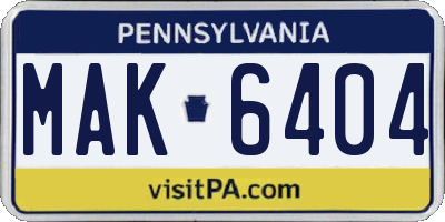 PA license plate MAK6404