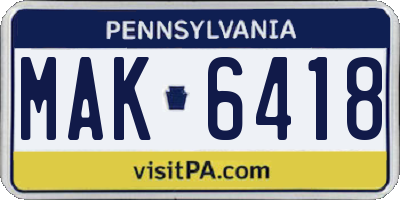 PA license plate MAK6418