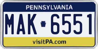 PA license plate MAK6551
