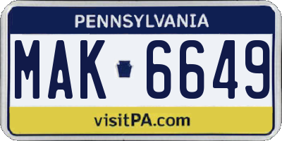 PA license plate MAK6649